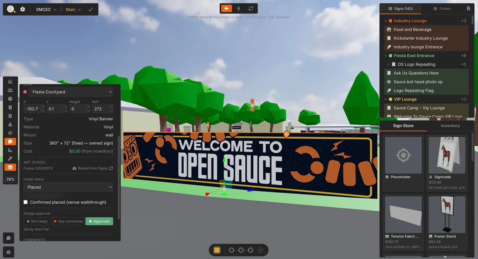 One sign selected: zone, position, product, the Figma frame it pulls art from, install status, and design approval.