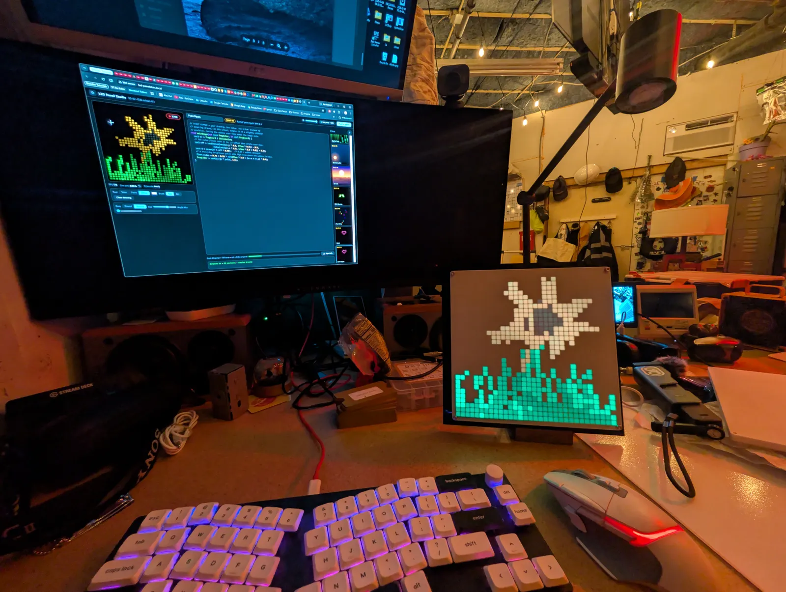 The studio on the monitor and the panel on the desk, running the same effect. Push, and the panel changes.