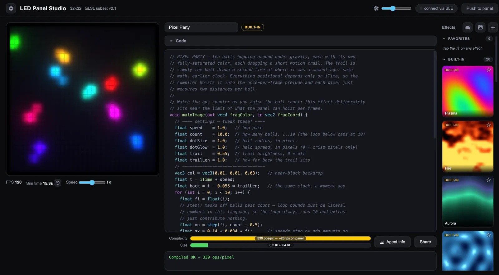 The studio: live preview on the left, the effect's code in the middle, the effect library on the right. The bars under the editor show how hard the panel will have to work, as operations per pixel, the frame rate that implies, and how much of its 64 KB the effect takes.