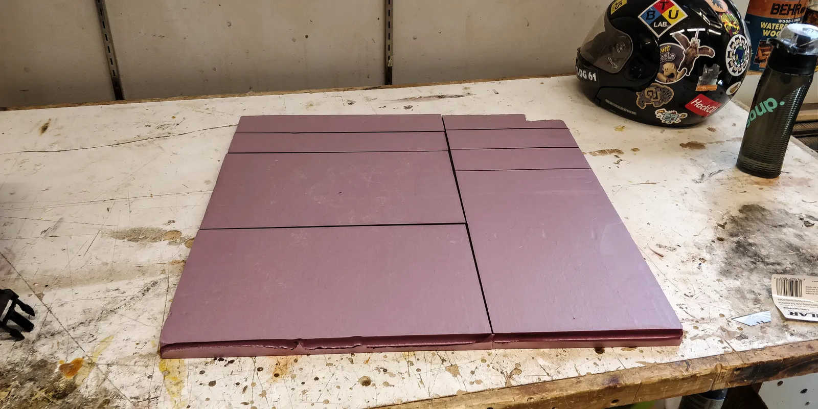 Stock foam block divided before being glued together.