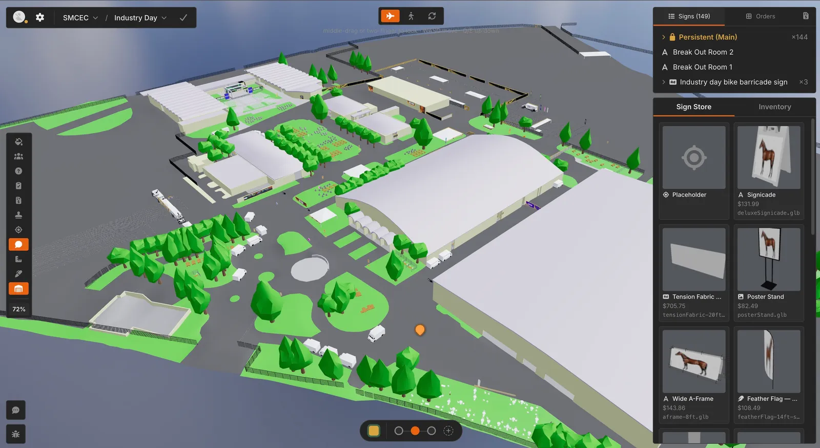 The San Mateo County Event Center in fly mode. Every building, tree, fence run and chair comes from the same Figma page the ops team draws in, one pixel to one foot. The rail at the bottom switches between event days, which all sit on one shared base layout.
