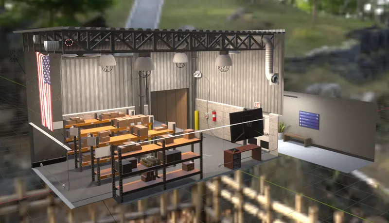 Screenshot of the final warehouse model in Blender